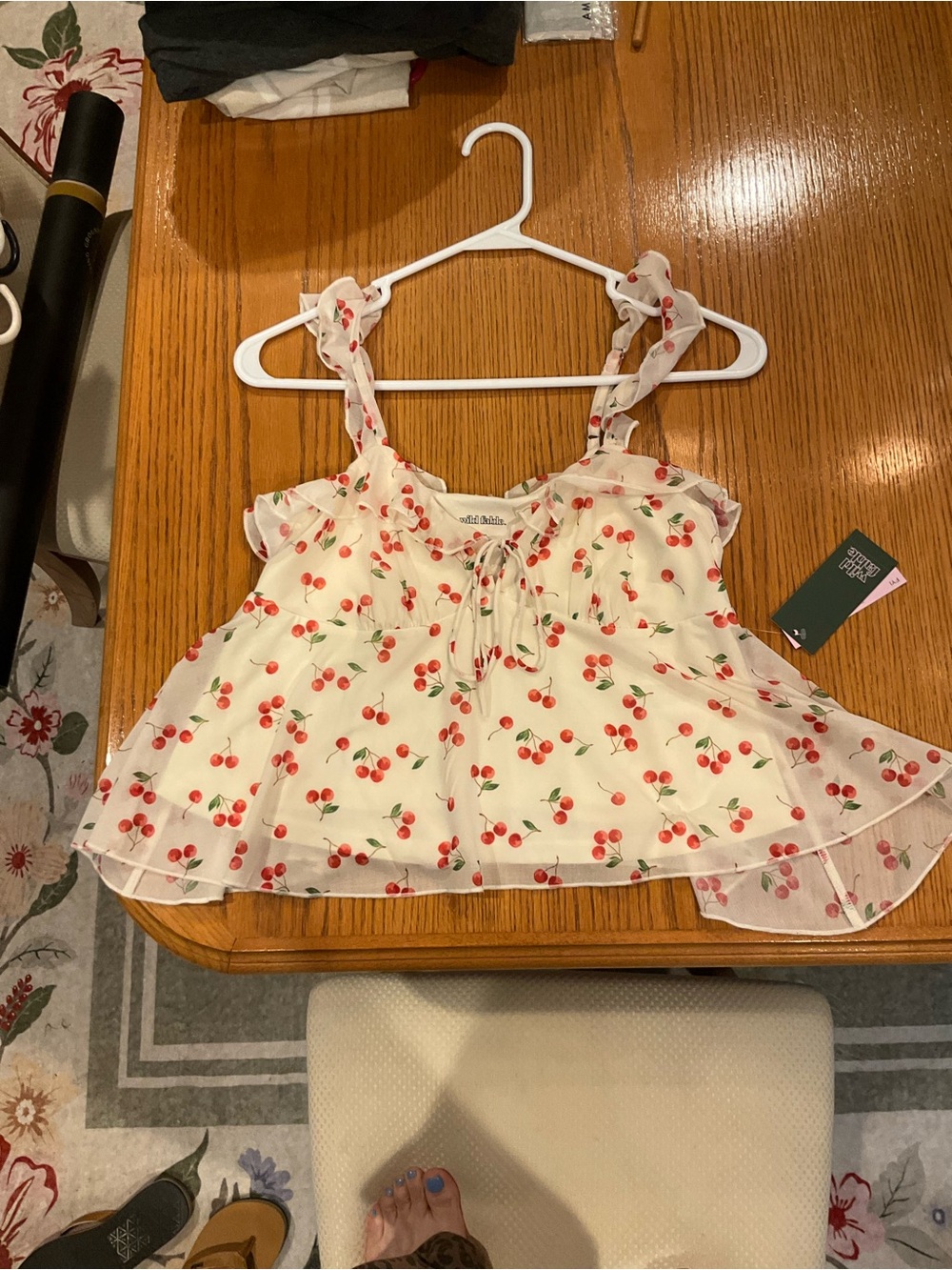wild fable White Chiffon Cherry Print Ruffle Cami XS NWT